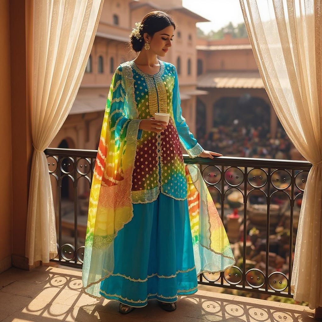 A stunning Banarasi multi-fusion set in rich shades of blue, red & yellow! Intricate work, flared palazzo