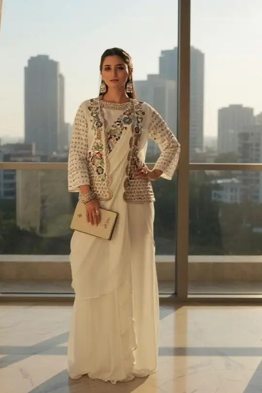 white fusion skirt saree drape with jacket