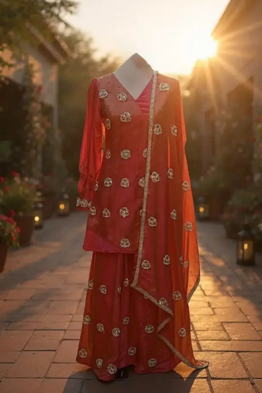 3pc Outfit— Shine bright in this stunning red & coral tissue dress.